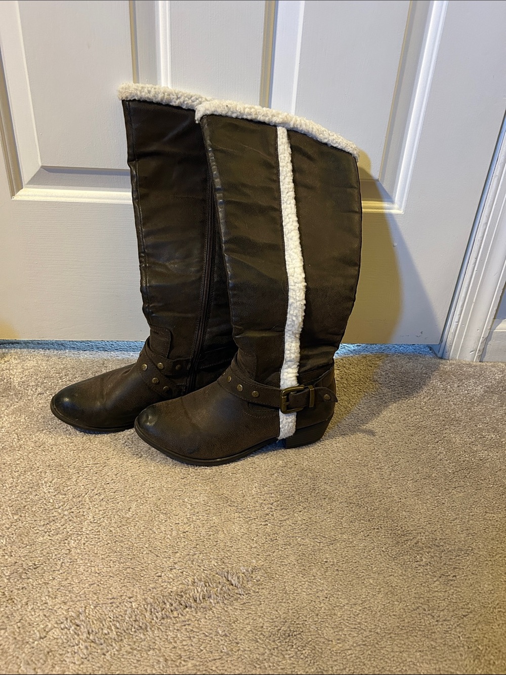 Classic Tall Faux-Sherpa Riding Boots - Brown